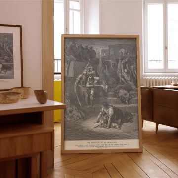 Canvas wall art of Dore's engraving shows a powerful and emotional portrayal of The Massacre of the Innocents with etched realism, shadows, and historic weight, ideal for those drawn to serious scriptural themes in sacred decor.