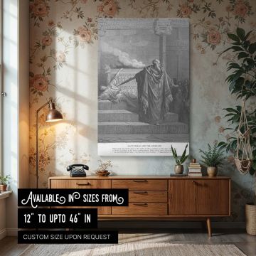 Reproduced in high detail, this canvas of Dore's "Mattathias and the Apostate" illustrates a spiritual protest within a solemn temple interior. The fallen apostate lies draped over the steps while Mattathias addresses the stunned crowd, sword in hand. Eve