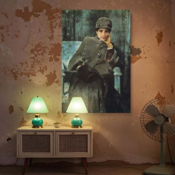Canvas print of Meditation by William Merritt Chase showing a woman in a muted grey ensemble seated thoughtfully against a deep teal interior backdrop. The brushstrokes gently define her posture, clothing, and chair while emphasizing emotional presence an