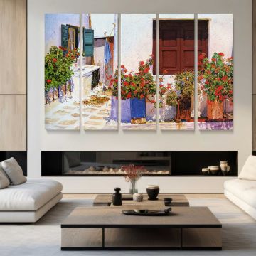 Mediterranean Doorway with Flowers - multi-panel canvas displayed in a modern living room