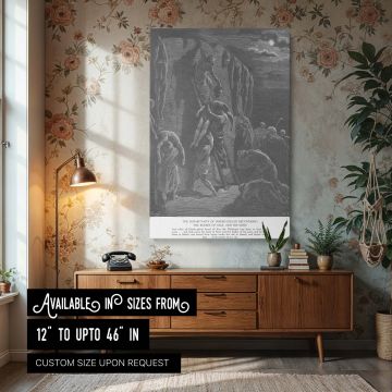 This dramatic grayscale wall canvas captures Gustave Dore's powerful biblical scene of the Jabesh-Gileadites retrieving the bodies of Saul and his sons from public display. Mourning figures, shadowed by moonlight, ascend ladders with great reverence, hono