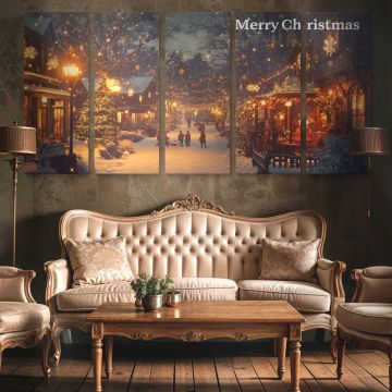 Merry Christmas Village at Night — three-panel canvas in a lounge