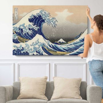 Modern Recut Copy of the Great Wave Off Kanagawa - single-panel canvas shown with a person for scale