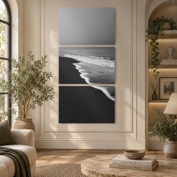 Monochrome serene beach waves canvas print, interior display view