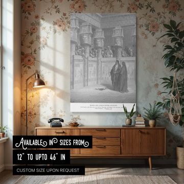 This wall canvas features Gustave Dore's detailed engraving of Moses and Aaron before Pharaoh, with Aaron's staff transformed into a serpent and the Egyptian court looking on, capturing a moment of divine confrontation and scriptural authority in dramatic