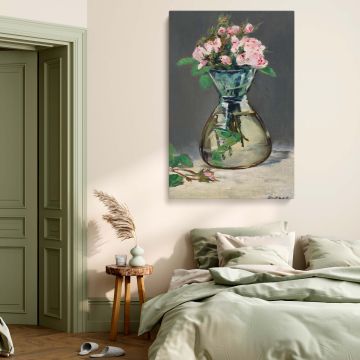 Pink moss roses in a vase painting by Edouard Manet with soft brushwork, warm tones, and serene composition, offering romantic floral elegance for home decor, gallery walls, or art collections inspired by 19th-century beauty.