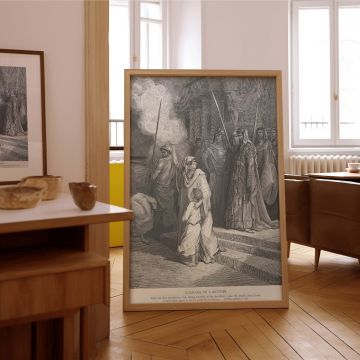 Gustave Dore's "The Courage of a Mother" becomes a moving wall canvas centered on emotional resolve. The scene features a woman and her child standing before temple guards and elders, with tension rising around them. The sacred setting-marked by carved st