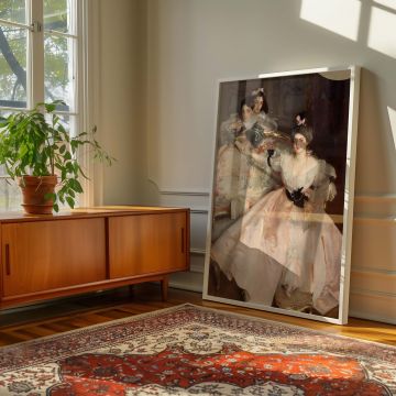 Victorian family portrait printed on canvas, based on John Singer Sargent's "Mrs Carl Meyer and her Children," showing a refined interior with a mother in pale pink satin and two daughters. The painting's rich textures and confident expressions bring bala