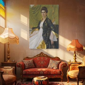Victorian portrait canvas art of Portrait of Mrs Ernest Moon capturing the noble grace of a seated woman in rich blue and white robes with golden highlights, a timeless wall print reproduction from the Tate Britain collection for elegant and historical in