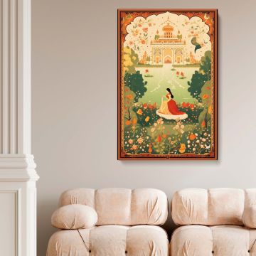 Exquisite Indo-Persian fine art canvas depicting a grand Mughal palace, surrounded by lush nature and intricate floral details, a premium-quality decorative painting ideal for vintage, bohemian, and classical interior aesthetics.