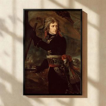 Historical canvas wall art of Napoleon Bonaparte leading a charge during the Battle of Arcole, painted by Antoine-Jean Gros. This high-quality reproduction captures dynamic movement, with Napoleon's determined gaze, wind-blown flag, and finely detailed Fr