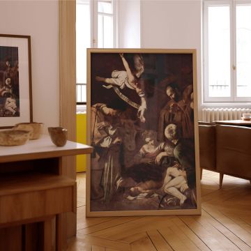 Emotional and peaceful canvas wall art of Caravaggio's nativity where the human and divine converge in a dimly lit stable, offering viewers a moving visual expression of faith, compassion, and the miracle of Christ's birth through masterful baroque art.