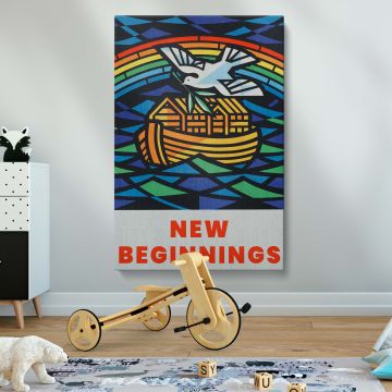 Vibrant wall canvas of a dove with an olive branch flying over Noah's Ark and a rainbow in stained glass style, representing faith, renewal, and peace with bold geometric shapes and meaningful design elements for inspiring decor.
