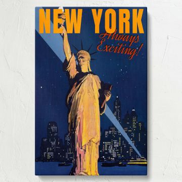 Statue of Liberty-themed wall canvas featuring the illuminated figure set against a night sky full of stars and a shimmering New York City skyline, representing the energy, freedom, and iconic allure of NYC in a vibrant artistic design.
