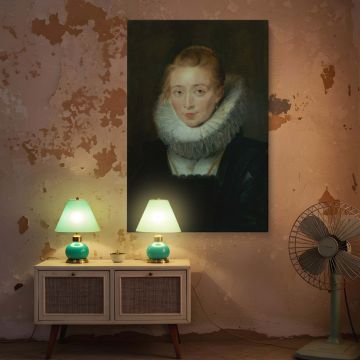A high-quality canvas print capturing the quiet elegance of Rubens' court lady, centered in a vertical composition with refined brushwork. Her golden hair is tied up, and she wears a classic high-neck Elizabethan-style collar that fans around her face. Th