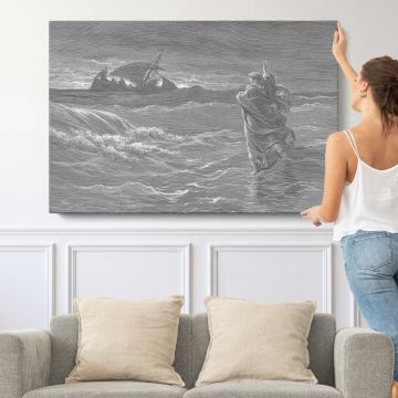 Nt-185 Jesus Walks on the Sea - single-panel canvas shown with a person for scale