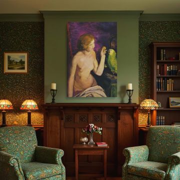 Artistic canvas wall art reproduction of "Nude Girl with Parrot" by George Bellows, showcasing a red-haired nude figure holding out a nut or fruit toward a green parrot. The richly painted background of purple and red adds theatricality, while the parrot'