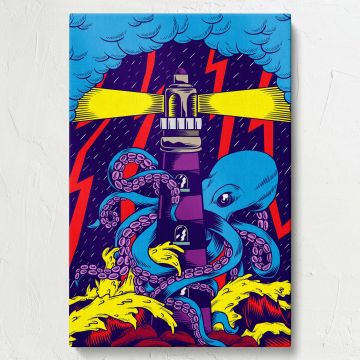 High-quality octopus and lighthouse painting, a unique nautical scene with dramatic lighting, swirling tentacles, and stormy seas, a fantasy-inspired marine canvas print ideal for modern interiors, ocean lovers, or bold artistic home decor.
