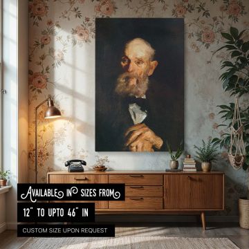Canvas wall art of George Bellows' "Portrait of an Old Man," depicting a solemn elderly figure with a full beard, clasped hands, and deep-set eyes. Rendered in thick, expressive strokes, the painting uses strong contrasts between warm highlights and a dar