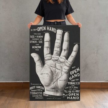 Open Hand — Vintage Palm Reading canvas print, canvas shown with a person for scale