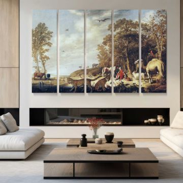 Orpheus and the Beasts by Aelbert Cuyp - multi-panel canvas displayed in a modern living room