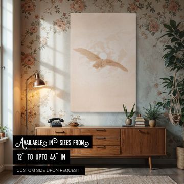 A stunning wall canvas featuring an owl in mid-flight across a softly glowing moon, captured in sepia tones. The artwork by Caspar David Friedrich evokes a sense of mystical tranquility, with subtle cloud textures swirling around the moon. The owl's wings