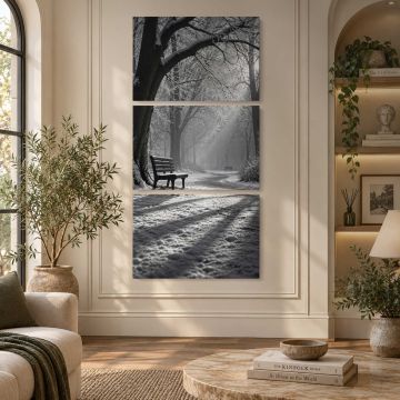 Park Bench beneath Sunlit Trees in Monochrome canvas print, interior display view
