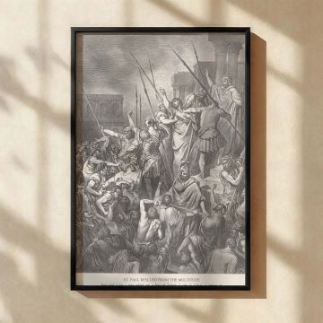 This canvas wall art features the chaotic rescue of Paul from a mob by Roman guards, with raised spears and contorted faces emphasizing the danger, drawn in dramatic etched lines by Gustave Dore for Christian homes and spiritual inspiration.