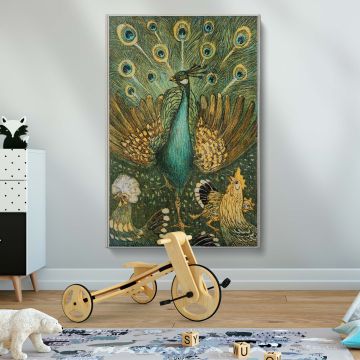Theo van Hoytema's Pauw met Kippen, a beautifully framed canvas print showcasing an antique nature illustration with a regal peacock and chickens, a high-quality reproduction ideal for vintage, botanical, or classical interior decor.