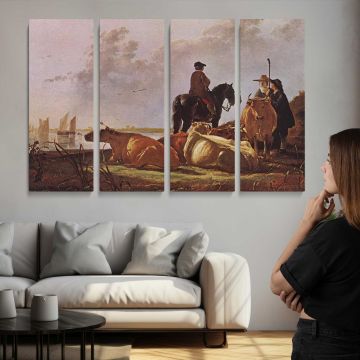 Peasants with Four Cows by Aelbert Cuyp - multi-panel canvas displayed above a sofa