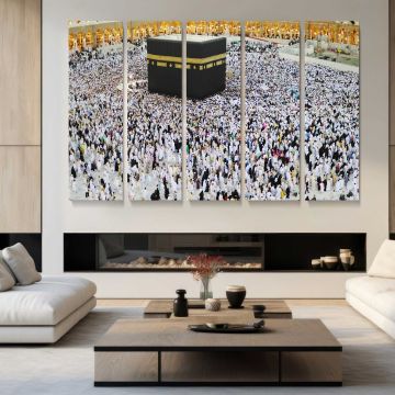 Pilgrims Gathered around the Kaaba - multi-panel canvas displayed in a modern living room