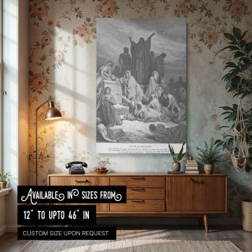 A monochrome canvas wall print of Gustave Dore's "The Plague of Jerusalem," depicting a prophet with raised arms surrounded by chaotic plague victims. The etching shows people lying in agony while others cry out toward the heavens in a dramatic scene of d