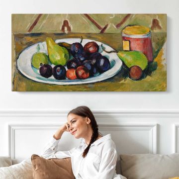 Plate with Fruit and Pot of Preserves (Assiette avec fruits et pot de conserves) (ca. 1880–1881) by Paul Cézanne canvas print, interior display view