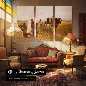Plowing the Fields by Adrien Moreau - multi-panel canvas displayed in a classic lounge