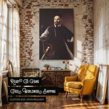 Baroque canvas wall art reproduction of Caravaggio's Portrait of Maffeo Barberini showing a seated nobleman in reflective pose and black clerical garments, highlighted by soft lighting and subtle realism for museum-style classical interiors.