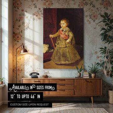 Canvas wall art featuring the young Spanish heir Prince Baltasar Carlos in ornate silver attire with a crimson sash, painted by Diego Velazquez in a regal pose, ideal for classical European interiors that celebrate noble portraiture and historical eleganc
