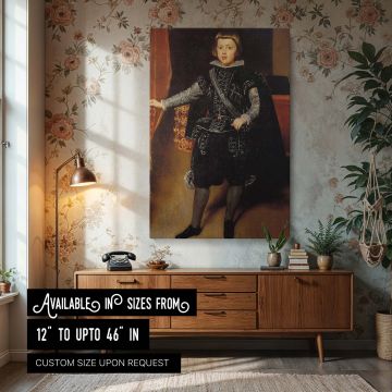 This canvas wall art features a portrait of Prince Baltasar Carlos by Diego Velazquez, dressed in formal Spanish court attire with intricate silver embroidery, presenting a dignified image of youthful royalty from the Baroque period that adds historic ele