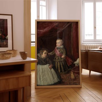 Velazquez's canvas wall art of Prince Balthasar Charles with a Dwarf highlights royal innocence and court service in a single portrait, blending formality and humanity in Spanish golden age style, perfect for heritage-rich home interiors.