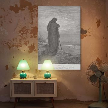 This wall canvas print depicts Gustave Dore's "The Prophet Amos," capturing a moment of quiet observation and prophecy. The lone figure is silhouetted against a vast sky, gazing out over a softly lit horizon and distant structures. The engraving is full o