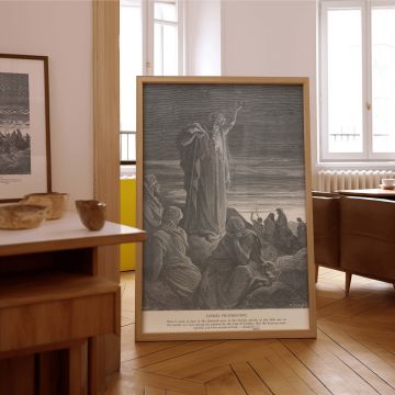 This wall canvas features Gustave Dore's vision of Ezekiel's ministry to the exiles. The prophet stands above listeners, delivering a passionate message from God, while figures around him slump in sorrow. The expressive clouds behind enhance the mood. A b
