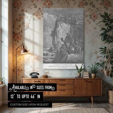 Canvas wall print of Gustave Dore's "The Prophets of Baal Are Slaughtered," depicting a large group of figures along the edge of a rocky cliff. Soldiers, prophets, and commanding leaders fill the scene in motion as judgment unfolds. The dramatic vertical 
