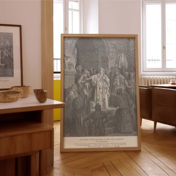 Bring the story of Queen Vashti's bold refusal into your space with this classic black and white wall canvas by Gustave Dore. Surrounded by Persian architecture and court officials, Vashti stands unwavering in the face of royal authority. This grayscale p