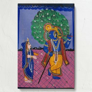 Radha Krishna depicted in a colorful gouache painting, Krishna playing the flute while Radha admires him, with intricate patterns, vibrant colors, and a floral backdrop symbolizing their divine love and the harmony of traditional Indian art.