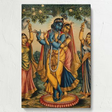 Artwork depicting Krishna playing the flute beside Radha under a tree, flanked by two devotees holding fans, painted in a traditional chromolithograph style with vibrant colors and intricate patterns reflecting divine love in Hindu mythology.