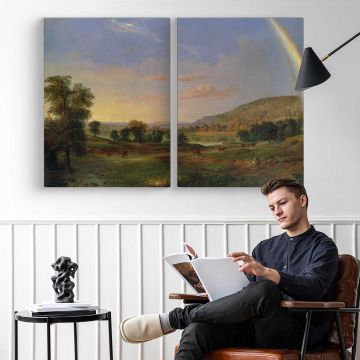 Rainbow over a River Landscape - two-panel canvas displayed in a reading room