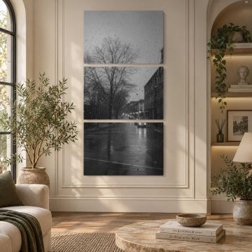 Rainy city street through window droplets, moody monochrome canvas print, interior display view
