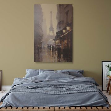 Vintage-inspired Paris street scene canvas featuring the Eiffel Tower and a misty, glowing cityscape with umbrellas and wet cobblestone streets, a perfect addition to classic European decor, traditional interiors, or elegant urban artwork collections.