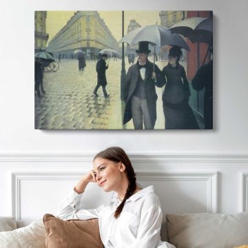 Rainy Paris Street - single-panel canvas displayed above a sofa