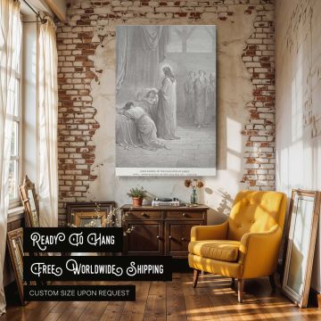 Biblical canvas wall art showing Jesus restoring life to a young girl, illustrated by Gustave Dore with sacred depth and engraving precision, capturing this New Testament miracle for prayer rooms, memorial spaces, or spiritual home settings.