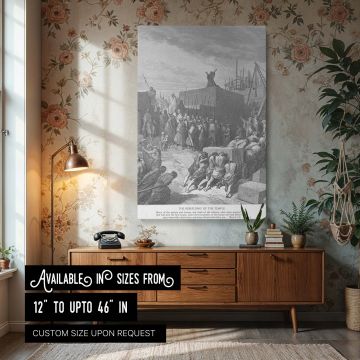 This biblical wall canvas features Gustave Dore's detailed engraving of the rebuilding of the temple, showing laborers pushing massive stone blocks while guards and leaders observe. The monochrome black and white palette highlights the drama and determina